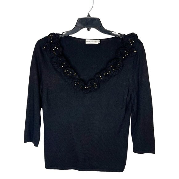 Dana Buchman Sweater L Black Studded Floral Applique Pullover Top Size Large - Picture 1 of 9